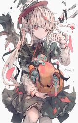 Rule 34 | absurdres, aiamu iamu, artist name, black dress, blonde hair, candy, clothing request, commentary, commentary request, dress, food, hat, highres, holding, jack-o&#039;-lantern, lollipop, long hair, looking at viewer, patch, pointy ears, pumpkin, red eyes, sewn together, signature, simple background, white background, witch hat, wrapped candy, wrapper