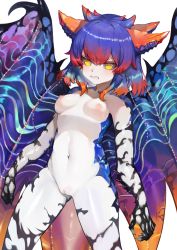 Rule 34 | 1girl, bad id, bad pixiv id, blue hair, blue wings, blush, breasts, brown hair, cleft of venus, clenched teeth, colored skin, dokomon, dragon girl, dragon horns, dragon wings, gradient hair, hair between eyes, highres, horns, medium breasts, monster girl, monster hunter (series), multicolored hair, multiple horns, namielle, navel, nipples, nude, personification, pussy, red hair, simple background, solo, teeth, uncensored, v-shaped eyebrows, white background, white skin, wings, yellow eyes