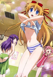 Rule 34 | 10s, 3girls, :d, :o, absurdres, amagi marine, arms up, ass, back, blonde hair, blue eyes, blue panties, body blush, bow, breasts, casual one-piece swimsuit, ceiling, closed eyes, clothes lift, clothes pull, crossed arms, double vertical stripe, dutch angle, flat chest, flipped hair, frilled swimsuit, frills, green panties, green skirt, hair bow, hair ribbon, hair rings, hairband, heart, hercule barton, highres, indoors, kikuchi satonobu, leaning forward, legs, lens flare, lights, locker, locker room, long hair, looking at viewer, looking back, megami magazine, multiple girls, navel, no bra, no pants, non-web source, official art, one-piece swimsuit, open mouth, orange hair, outstretched arms, panties, pencil skirt, pink hair, pink one-piece swimsuit, purple hair, red eyes, ribbon, scan, sherlock shellingford, shirt, shirt lift, short hair, short sleeves, sidelocks, sign, skirt, skirt pull, small breasts, smile, standing, striped clothes, striped panties, surprised, swimsuit, t-shirt, tantei opera milky holmes, tantei opera milky holmes td, tiles, topless, underwear, undressing, very long hair, white panties, white shirt