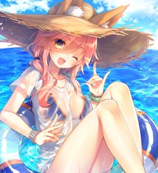 Rule 34 | 10s, 1girl, ;), animal ear fluff, animal ears, bikini, bikini under clothes, blue bikini, bracelet, breasts, collarbone, commentary request, day, ears through headwear, eyes visible through hair, fang, fate/extra, fate (series), fox ears, fox shadow puppet, hair between eyes, hair tie, hat, highres, innertube, jewelry, large breasts, long hair, looking back, one eye closed, open mouth, outdoors, pink hair, see-through, shirt, short sleeves, smile, solo, straw hat, swim ring, swimsuit, tamamo (fate), tamamo no mae (fate/extra), tamamo no mae (swimsuit lancer) (fate), tamamo no mae (swimsuit lancer) (second ascension) (fate), toosaka asagi, transparent, water, wet, wet clothes, wet shirt, white shirt, yellow eyes