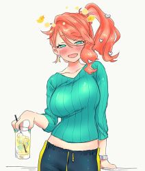 Rule 34 | 1girl, arm support, blush, bracelet, breasts, collarbone, creatures (company), cup, drink, drunk, earrings, game freak, green eyes, green sweater, grey background, hair between eyes, hair ornament, half-closed eyes, holding, holding cup, jewelry, large breasts, looking at viewer, midriff peek, nail polish, nintendo, nose blush, ooshio7734, open mouth, orange hair, pants, pokemon, pokemon swsh, ribbed sweater, side ponytail, simple background, smile, solo, sonia (pokemon), sweater, upper body