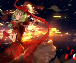 Rule 34 | 1girl, arm ribbon, blush, bow, chinese commentary, closed mouth, cloud, commentary, cowboy shot, dress, frilled sleeves, frills, from side, front ponytail, green eyes, green hair, hair bow, highres, kagiyama hina, long hair, looking at viewer, looking to the side, nose blush, petals, puffy short sleeves, puffy sleeves, red bow, red dress, red ribbon, ribbon, short sleeves, smile, solo, touhou, translated, transparent (randomhs)