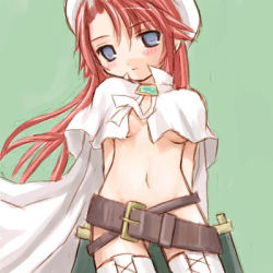 Rule 34 | 1girl, arms behind back, aty, aty (summon night), belt, belt skirt, beret, blush, breasts, cape, hat, long hair, looking at viewer, lowres, midriff, navel, no bra, no panties, open clothes, open shirt, red hair, shirt, small breasts, solo, summon night, summon night 3, thighhighs, underboob, white thighhighs