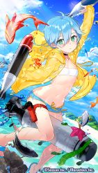 Rule 34 | 1girl, ahoge, arm up, artist request, bandeau, bare legs, bikini, blue hair, breasts, choker, cloud, commentary request, cornelia (girl cafe gun), day, fish, girl cafe gun, green eyes, holster, hood, hood down, hooded jacket, jacket, leg belt, long sleeves, looking at viewer, navel, official art, open clothes, open jacket, outdoors, short hair, sky, small breasts, solo, stomach, sunlight, swimsuit, torpedo, water, watermark, wet, yellow jacket