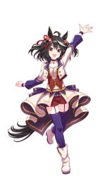 Rule 34 | 1girl, ahoge, alternate costume, animal ears, arm up, black hair, boots, bracelet, breasts, clenched hand, collarbone, full body, garter straps, hair between eyes, hair ornament, highres, horse ears, horse girl, horse tail, jewelry, kitasan black (umamusume), leg up, looking at viewer, medium breasts, medium hair, multicolored hair, navel, official art, open mouth, purple thighhighs, red eyes, short hair, shorts, smile, standing, standing on one leg, starting future (umamusume), streaked hair, tail, thighhighs, transparent background, umamusume, white footwear, white hair