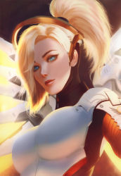 Rule 34 | 1girl, armor, blonde hair, blue eyes, breastplate, breasts, eyelashes, glowing, glowing wings, halo, high collar, high ponytail, highres, large breasts, lips, looking at viewer, mechanical halo, mechanical wings, mercy (overwatch), overwatch, overwatch 1, parted lips, raikoart, solo, upper body, wings, yellow wings