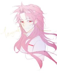 Rule 34 | 1boy, chinese commentary, closed mouth, commentary request, earrings, english text, hatsutori hajime, highres, jewelry, long hair, male focus, parted bangs, pink hair, red eyes, saibou shinkyoku, shirt, simple background, sketch, smile, solo, white background, white shirt, xinjinjumin1332005