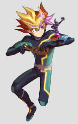 Rule 34 | 1boy, belt, blonde hair, bodysuit, brown hair, card, character request, closed mouth, commentary request, full body, glowing, green eyes, grey background, hair between eyes, hands up, holding, holding card, koma yoichi, leg up, looking to the side, male focus, multicolored hair, purple hair, yu-gi-oh!, yu-gi-oh! vrains