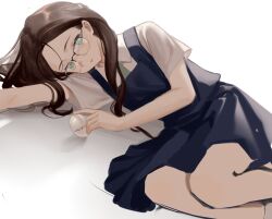 Rule 34 | 1girl, blue dress, brown hair, closed mouth, collared shirt, commentary, dress, egg, fei (songyijie), glasses, green eyes, highres, long hair, looking at viewer, lying, nagase koito, on side, shirt, simple background, solo, symbol-only commentary, white background, white shirt, wonder egg priority