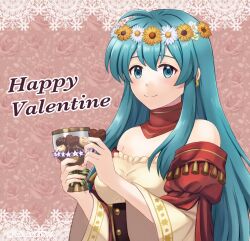 Rule 34 | 1girl, aqua eyes, aqua hair, bare shoulders, candy, chocolate, chocolate heart, closed mouth, commentary request, cup, dress, earrings, eirika (fire emblem), eirika (valentine) (fire emblem), fire emblem, fire emblem: the sacred stones, fire emblem heroes, floral background, flower, flower earrings, food, fukukichi2529, hair flower, hair ornament, happy valentine, heart, holding, holding chocolate, holding cup, holding food, jewelry, long hair, long sleeves, looking at viewer, nintendo, off-shoulder dress, off shoulder, official alternate costume, sidelocks, smile, solo, upper body, wide sleeves