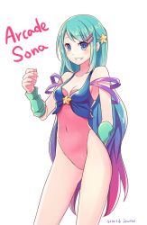 Rule 34 | 1girl, adapted costume, alternate hairstyle, aqua hair, arcade sona, arm behind back, bad id, bad pixiv id, bare shoulders, blue eyes, blush, breasts, character name, cleavage, dated, goyain, gradient hair, grin, league of legends, leotard, long hair, long legs, multicolored hair, purple hair, signature, simple background, smile, solo, sona (league of legends), very long hair, white background