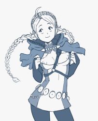 Rule 34 | 1girl, ahoge, belt, braid, bridal gauntlets, capelet, fire emblem, fire emblem fates, hairband, harness, hood, hooded capelet, keyring, long hair, looking to the side, low twin braids, low twintails, monochrome, nina (fire emblem), nintendo, nipple slip, nipples, o-ring, o-ring harness, parted bangs, solo, suoiresnu, turtleneck, twin braids, twintails