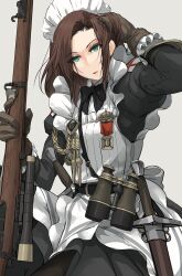 Rule 34 | 1girl, adjusting hair, apron, arm up, asterisk kome, binoculars, black bow, black bowtie, bolt action, bow, bowtie, brown hair, commentary, epaulettes, frilled apron, frilled gloves, frilled skirt, frills, gina wallace, gloves, green eyes, gun, hand guard, hand in own hair, heroes of order, highres, holding, holding rifle, holding weapon, looking at viewer, maid, maid apron, maid headdress, medal, medium hair, open mouth, scabbard, scope, sheath, simple background, skirt, solo focus, sword, weapon, white background