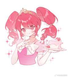 Rule 34 | 1girl, :q, asymmetrical gloves, beads, bow, bowtie, cake, cake slice, cherry, chinese commentary, closed mouth, collarbone, commentary request, cropped torso, dress, elbow gloves, eyelashes, fine (futagohime), finger to cheek, food, frilled gloves, frills, fruit, fushigiboshi no futago hime, gloves, gold tiara, hair beads, hair ornament, highres, holding, holding plate, icing, jewelry, lanlanlan mogu, long hair, necklace, pink dress, plate, puffy short sleeves, puffy sleeves, red eyes, red hair, shell, shell necklace, short sleeves, simple background, single elbow glove, smile, solo, sparkle, strawberry, tiara, tongue, tongue out, v, weibo watermark, white background, white bow, white bowtie, white gloves