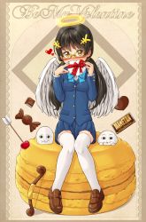 Rule 34 | 1girl, 2channel, :3, angel, angel wings, arrow (projectile), black hair, blue bow, blue bowtie, blue jacket, blue skirt, blush, bow, bow (weapon), bowtie, box, breasts, brown footwear, candy, chocolate, chocolate bar, chocolate heart, commentary request, covered mouth, feathered wings, food, full body, glasses, hair ornament, halo, heart, heart-shaped box, heart arrow, highres, jacket, kitsunerider, loafers, long hair, long sleeves, looking at viewer, low twintails, macaron, medium breasts, original, plaid, plaid bow, plaid bowtie, pleated skirt, red bow, shirt, shoes, skirt, thighhighs, twintails, valentine, weapon, white shirt, white thighhighs, white wings, wings, yaruo, yellow eyes, yen sign, zettai ryouiki