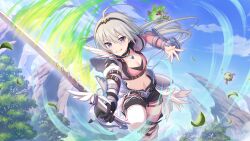 Rule 34 | blue eyes, blue sky, cloud, cloudy sky, crop top, grey hair, holding, holding sword, holding weapon, medium hair, midriff, official art, outdoors, princess connect!, short shorts, shorts, sky, sword, tomo (princess connect!), tree, vambraces, weapon