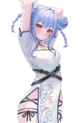 Rule 34 | 1girl, :/, arms up, black ribbon, blue hair, blush, braid, breasts, china dress, chinese clothes, closed mouth, collared dress, cowboy shot, double bun, dress, floral print, hair bun, hand on own arm, hololive, large breasts, looking at viewer, multicolored hair, nikoge (25ge dayo), pelvic curtain, print dress, red eyes, ribbon, short sleeves, short twintails, side slit, simple background, solo, stretching, thigh strap, twin braids, twintails, two-tone hair, usada pekora, virtual youtuber, white background, white dress, white hair