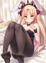 Rule 34 | 1girl, 3:, animal ears, bare shoulders, black bow, black leotard, black pantyhose, blonde hair, blush, bow, breasts, cleavage, closed mouth, collarbone, commentary request, ereshkigal (fate), fake animal ears, fate/grand order, fate (series), hair bow, hand on own chest, hand up, highres, indoors, leotard, long hair, medium breasts, milkshakework, no shoes, pantyhose, parted bangs, playboy bunny, purple bow, rabbit ears, rabbit girl, red eyes, sitting, soles, solo, sparkle, strapless, strapless leotard, tiara, tohsaka rin, two side up, very long hair, wrist cuffs