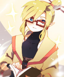 Rule 34 | 1boy, alternate costume, black shirt, blonde hair, blue eyes, blush, book, brown jacket, collarbone, cosplay, covered collarbone, earrings, glasses, hair bun, hair ornament, hair stick, hair tie, hand up, holding, jacket, jewelry, link, long sleeves, looking to the side, male focus, nintendo, open book, parted lips, red-framed eyewear, shirt, short hair, simple background, single hair bun, skin tight, solo, sparkle, symin (zelda), symin (zelda) (cosplay), teeth, the legend of zelda, the legend of zelda: breath of the wild, two-tone background, umekonbu, upper body, wristband