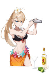 Rule 34 | 1girl, absurdres, alcohol, bartender, bikini, bikini top only, blonde hair, blue eyes, bow, bow bra, bra, braid, braided bangs, breasts, closed mouth, cocktail glass, collarbone, copycat001, cowboy shot, cup, drinking glass, flower, food, frilled bikini, frills, fruit, g36 (50 days with g36) (girls&#039; frontline), g36 (girls&#039; frontline), girls&#039; frontline, hair flower, hair ornament, highres, jitome, lime (fruit), long hair, medium breasts, navel, ponytail, simple background, skirt, solo, swept bangs, swimsuit, thick eyelashes, tsurime, underwear, very long hair, white background