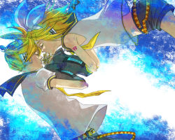 Rule 34 | 1boy, 1girl, arm warmers, belt, blonde hair, bow, brother and sister, cheek-to-cheek, closed eyes, floating, forehead-to-forehead, from side, hair bow, hair ornament, hair ribbon, holding hands, headphones, heads together, interlocked fingers, kagamine len, kagamine rin, kamu (camui), nail polish, neckerchief, necktie, number tattoo, ponytail, ribbon, sailor collar, shirt, short shorts, shorts, shoulder tattoo, siblings, sleeveless, sleeveless shirt, tattoo, twins, vocaloid, w arms, white shirt