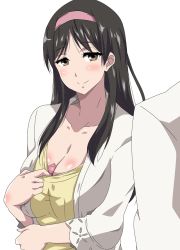 Rule 34 | 1girl, adachi eiko, amagi brilliant park, black hair, blush, breasts, brown eyes, cleavage, closed mouth, collarbone, commentary request, condom, hairband, hara (harayutaka), highres, large breasts, long hair, looking at viewer, pink hairband, shiny skin, simple background, smile, upper body, white background
