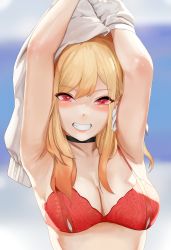 Rule 34 | 1girl, absurdres, blonde hair, blush, breasts, cleavage, dolri, highres, kitagawa marin, large breasts, long hair, looking at viewer, red eyes, smile, solo, sono bisque doll wa koi wo suru, swept bangs