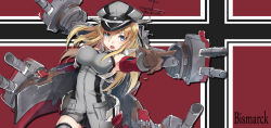 Rule 34 | 10s, 1girl, bismarck (kancolle), bismarck kai (kancolle), blonde hair, blue eyes, blush, breasts, brown gloves, cannon, character name, detached sleeves, gloves, grey thighhighs, hat, highres, kantai collection, large breasts, long hair, looking at viewer, mecha musume, military, military uniform, nanahara fuyuki, open mouth, peaked cap, solo, thighhighs, uniform