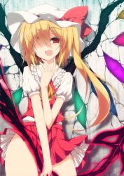 Rule 34 | 1girl, ascot, blonde hair, crack, cracked wall, fang, flandre scarlet, glowing, glowing weapon, glowing wings, hair over one eye, hat, hat ribbon, hip focus, laevatein, long hair, looking at viewer, mob cap, open mouth, puffy short sleeves, puffy sleeves, red eyes, ribbon, sakurame, shirt, short sleeves, side ponytail, skirt, skirt set, smile, solo, thighs, touhou, very long hair, vest, wall, weapon, wings