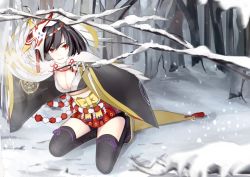 Rule 34 | 1girl, black hair, black thighhighs, breasts, claws, cleavage, feathered wings, feathers, hair ornament, itsumade (onmyoji), japanese clothes, kneeling, looking at viewer, medium breasts, monster girl, onmyoji, open mouth, red eyes, shoochiku bai, smile, snow, solo, thighhighs, wings
