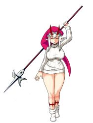 Rule 34 | 1girl, ^ ^, aged up, alternate costume, alternate weapon, boots, breasts, closed eyes, closed mouth, facing viewer, false smile, full body, hair between eyes, halberd, hat, highres, holding, holding weapon, horns, imageboard desourced, large breasts, long hair, monster girl encyclopedia, nav (itsnav), no pants, non-web source, pointy ears, polearm, redcap (monster girl encyclopedia), ribbed sweater, sidelocks, smile, solo, sweater, thigh gap, thighs, turtleneck, turtleneck sweater, weapon, white footwear, white hair, white sweater
