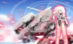 Rule 34 | 1girl, 621 (armored core 6), armored core, armored core 6, ayre (armored core 6), bare legs, bare shoulders, detached sleeves, highres, leotard, long hair, mecha, personification, pink hair, red eyes, robot, sky