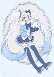 Rule 34 | 1girl, 2012, azurite0012, blue eyes, blue hair, blush, boots, bow, character name, commentary, earmuffs, full body, fur-trimmed jacket, fur-trimmed sleeves, fur collar, fur trim, gradient hair, hair bow, hatsune miku, holding snowman, jacket, long hair, long sleeves, mittens, multicolored hair, open mouth, pleated skirt, pom pom (clothes), shirt, skirt, smile, snowman, solo, thigh boots, twintails, two-tone hair, very long hair, vocaloid, white shirt, yuki miku, yuki miku (2012)