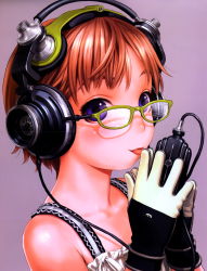 Rule 34 | 1girl, absurdres, blue eyes, bow, child, cleaned, cover, cover page, dress bow, glasses, gloves, headphones, highres, murata range, original, purple background, simple background, steepled fingers