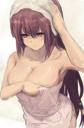 Rule 34 | arm up, armpits, bad id, bad pixiv id, breasts, cleavage, collarbone, fate/grand order, fate (series), highres, large breasts, long hair, looking to the side, misaki nonaka, naked towel, parted lips, purple hair, red eyes, scathach (fate), simple background, solo, towel, towel on head, wet