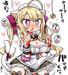 Rule 34 | 1girl, ahoge, animal ears, blonde hair, blush, bow, breasts, cat ears, cat tail, chestnut mouth, cleavage, coin, commentary request, garter straps, hair bow, heart, heart-shaped pupils, holed coin, hypnosis, kanikama, long hair, lowres, maid, maid headdress, medium breasts, mind control, nijisanji, pendulum, purple eyes, solo, sweat, symbol-shaped pupils, tail, takamiya rion, takamiya rion (3rd costume), translation request, twintails, virtual youtuber