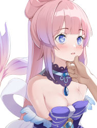 Rule 34 | 1girl, amco, bare shoulders, blue eyes, blunt bangs, blush, breasts, cleavage, detached collar, eyelashes, frills, genshin impact, hand on another&#039;s chin, imminent kiss, long hair, looking to the side, medium breasts, multicolored hair, off shoulder, open mouth, pink hair, ponytail, purple hair, sangonomiya kokomi, simple background, solo, two-tone hair, upper body, vision (genshin impact), water drop, white background, wide-eyed