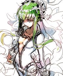 Rule 34 | 10s, 1girl, breasts, bridal veil, c.c., cleavage, code geass, cosplay, creayus, fate/extra, fate/extra ccc, fate/grand order, fate (series), green hair, nero claudius (bride) (fate), nero claudius (fate), nero claudius (fate), saber bride (cosplay), sidelocks, simple background, smile, solo, veil, white background, yellow eyes
