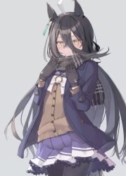 Rule 34 | 1girl, ahoge, animal ears, black gloves, black hair, black scarf, blue jacket, blue skirt, blush, bow, brown cardigan, cardigan, closed mouth, commentary request, frilled skirt, frills, fringe trim, gloves, grey background, hair between eyes, highres, horse ears, horse girl, horse tail, jacket, long hair, looking at viewer, manhattan cafe (umamusume), mochiki, open clothes, open jacket, pleated skirt, scarf, school uniform, simple background, skirt, solo, tail, tracen school uniform, umamusume, very long hair, white bow, white hair, yellow eyes