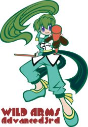 Rule 34 | 1girl, blue eyes, female focus, flat color, full body, gloves, green hair, long hair, maya schrodinger, pants, ponytail, rod, shoes, simple background, smile, solo, verden, weapon, white background, wild arms, wild arms 3