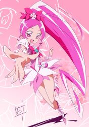 Rule 34 | 1girl, :d, boots, bow, commentary request, cure blossom, dress, earrings, eyelashes, gradient background, hair bow, hanasaki tsubomi, happy, heartcatch precure!, high ponytail, highres, jewelry, long hair, looking at viewer, magical girl, nii manabu, open mouth, pink background, pink bow, pink dress, pink eyes, pink footwear, pink hair, pink theme, ponytail, precure, puffy short sleeves, puffy sleeves, short sleeves, signature, smile, solo, standing, very long hair, wrist cuffs