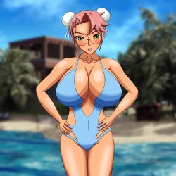 Rule 34 | 1girl, absurdres, beach, blurry, blurry background, breasts, cleavage, glasses, gluteal fold, hands on own hips, highres, highschool of the dead, huge breasts, one-piece swimsuit, pink hair, semi-rimless eyewear, solo, swimsuit, takagi saya, yeezusdraw