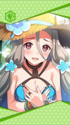 Rule 34 | 1girl, aqua bikini, artist request, bead bracelet, beads, bikini, blush, bracelet, breasts, cleavage, flower, framed image, hair between eyes, hair flower, hair ornament, hands on own chest, hat, highres, jewelry, large breasts, long hair, official art, open mouth, phantom of the kill, red eyes, rhongomyniad (phantom of the kill), ring, silver hair, smile, sun hat, swimsuit