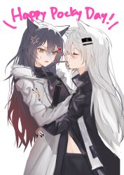 Rule 34 | 2girls, anger vein, ark mmmm, arknights, black hair, black jacket, black nails, black shirt, coat, colored tips, food, food in mouth, fur-trimmed coat, fur trim, heart, highres, hug, jacket, jewelry, lappland (arknights), long hair, mouth hold, multicolored hair, multiple girls, necklace, official alternate costume, pocky, pocky in mouth, rejection, shirt, simple background, sweat, texas (arknights), texas (winter messenger) (arknights), white background, white coat, white hair, winter clothes, winter coat, yellow eyes, yuri
