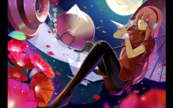 Rule 34 | blue eyes, china dress, chinese clothes, dress, flower, legs, long hair, megurine luka, moon, night, pantyhose, paper airplane, pillarboxed, pink hair, sitting, solo, vocaloid, wallpaper, wolfour