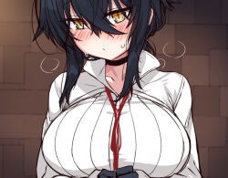 1girl black_choker black_gloves black_hair blush breasts brown_background choker commentary_request gloves large_breasts long_hair looking_at_viewer nose_blush null_(nyanpyoun) original ponytail red_ribbon ribbon shirt sweatdrop white_shirt yellow_eyes