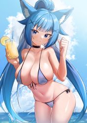 Rule 34 | 1girl, absurdres, animal ear fluff, animal ears, bikini, black choker, blue eyes, blue hair, breasts, cameltoe, choker, cleavage, closed mouth, collarbone, commission, cowboy shot, cup, day, drinking glass, food, front-tie bikini top, front-tie top, fruit, groin, hair ornament, hands up, highres, holding, large breasts, lemon, lemon slice, long hair, looking at viewer, navel, original, outdoors, ponytail, side-tie bikini bottom, skindentation, smile, solo, standing, stomach, string bikini, swimsuit, tail, thighs, very long hair, wet, white bikini, wweed, x hair ornament