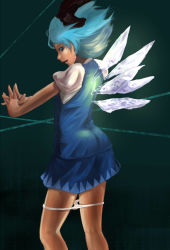Rule 34 | 1girl, blue eyes, blue hair, cirno, conabe, dress, hair ribbon, own hands clasped, ice, interlocked fingers, legs, looking back, matching hair/eyes, open mouth, own hands together, panties, panty pull, profile, realistic, ribbon, short hair, short sleeves, solo, standing, embodiment of scarlet devil, touhou, underwear, white panties, wind, wings