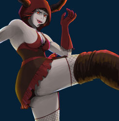 Rule 34 | 1girl, alternate costume, boots, breasts, capcom, cleavage, fake horns, fangs, fishnet thighhighs, fishnets, gloves, halloween, halloween costume, han juri, highres, hood, horned headwear, horns, lipstick, makeup, skirt, smile, solo, street fighter, street fighter v, tail, thigh boots, thighhighs