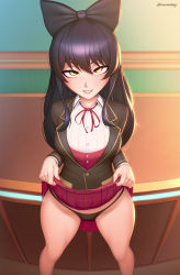Rule 34 | 1girl, absurdres, artist name, black bow, black hair, black panties, blake belladonna, blush, bow, breasts, clothes lift, hair bow, highres, large breasts, lifting own clothes, long hair, looking at viewer, naughty face, novenine, panties, plaid, plaid skirt, pleated skirt, rwby, school uniform, seductive smile, sidelocks, skirt, skirt lift, smile, solo, thick thighs, thighs, underwear, yellow eyes